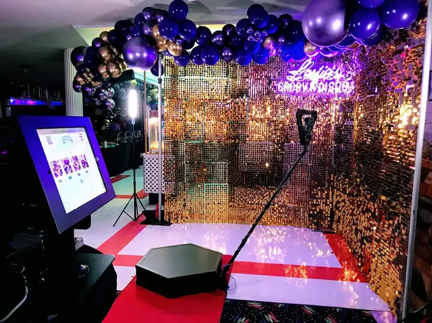 Gold sequin backdrop and 360 booth platform for a Jaipur celebration