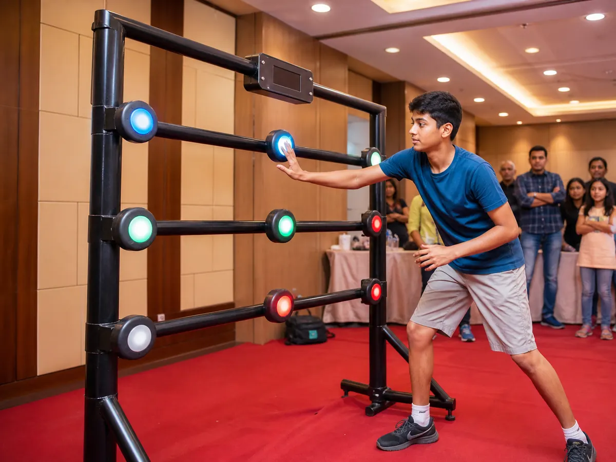 Illustrative teenager playing a Batak-style reaction-light challenge at a family event