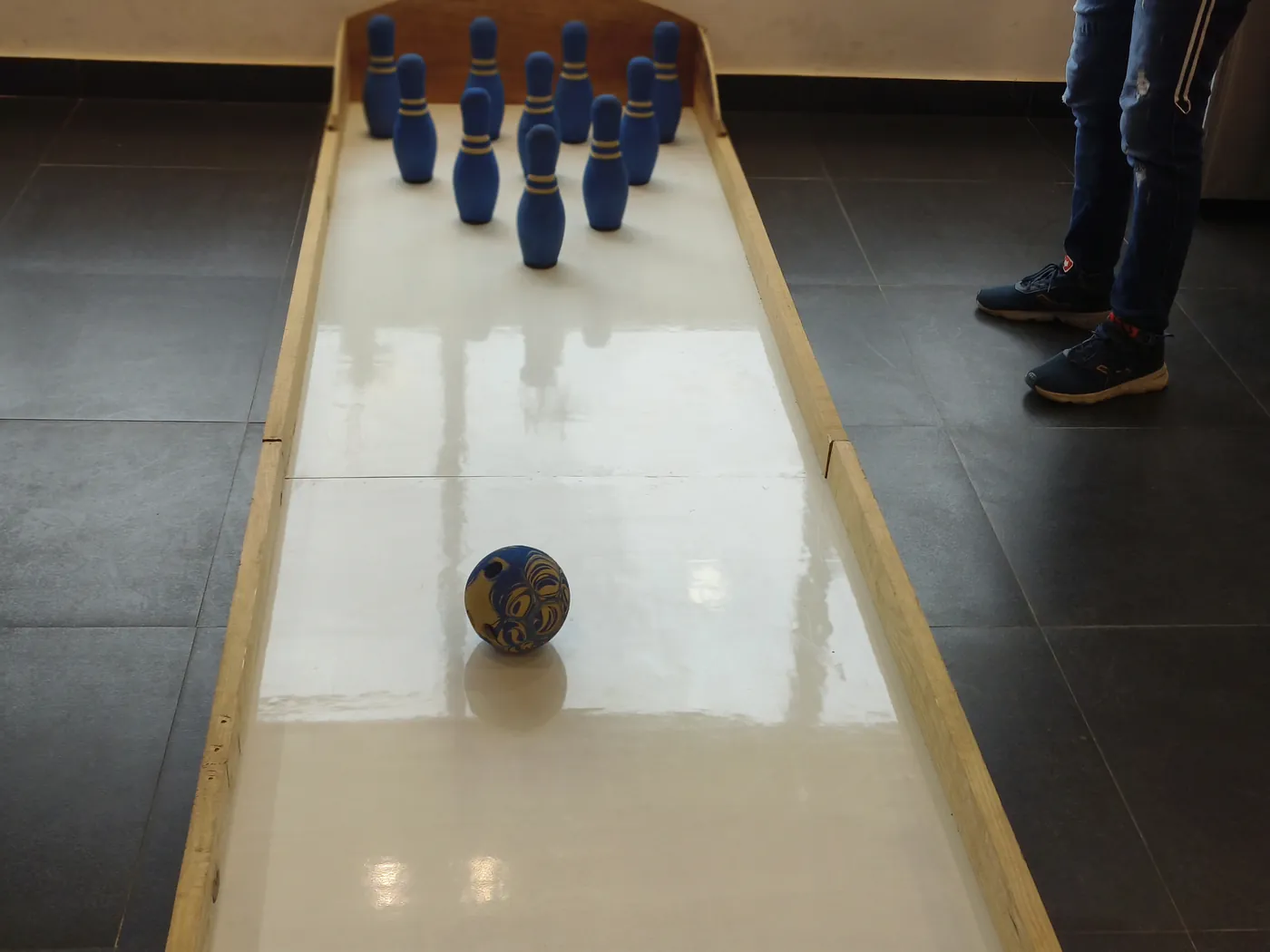 Portable bowling lane ready for guest participation