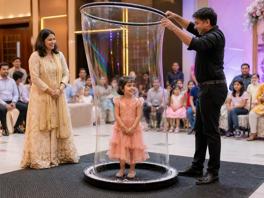 A supervised child enjoying a giant bubble interaction at an event