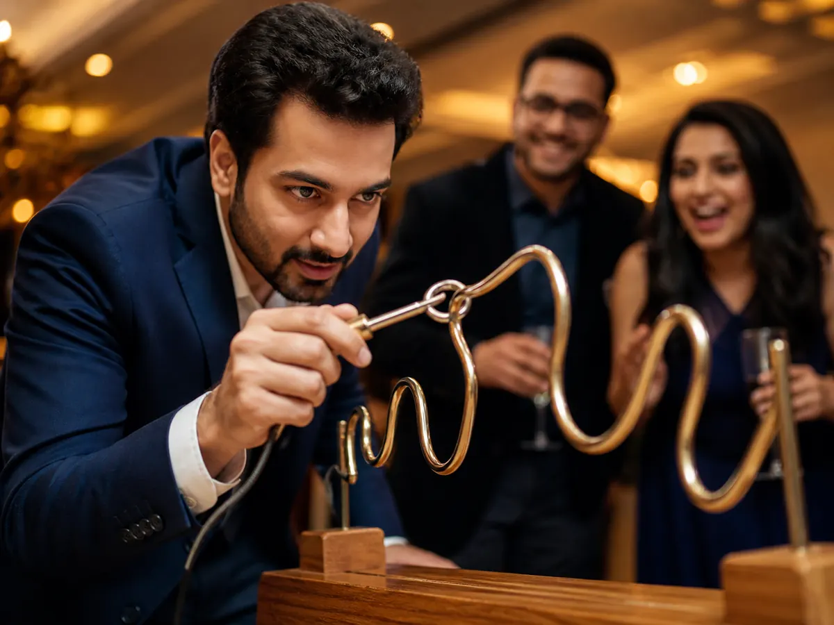 Guest playing the Buzz the Wire steady-hand game at a Mumbai event