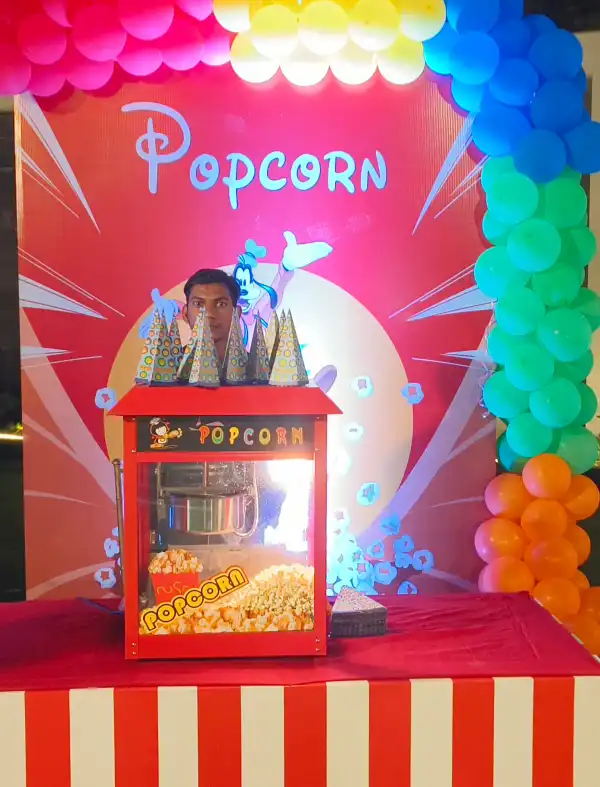popcorn stall, rent popcorn machine in Gurgaon, popcorn cart for birthday party, hire popcorn stall for events, wedding popcorn counter rental, corporate event food stalls
